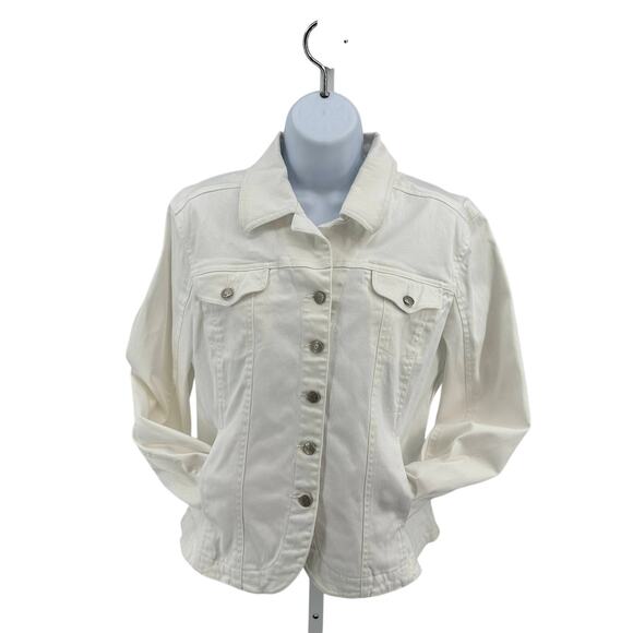 Live a Little Denim Button Down Jacket WMN L White #25352 Long Sleeve Jean Shirt - Picture 4 of 7